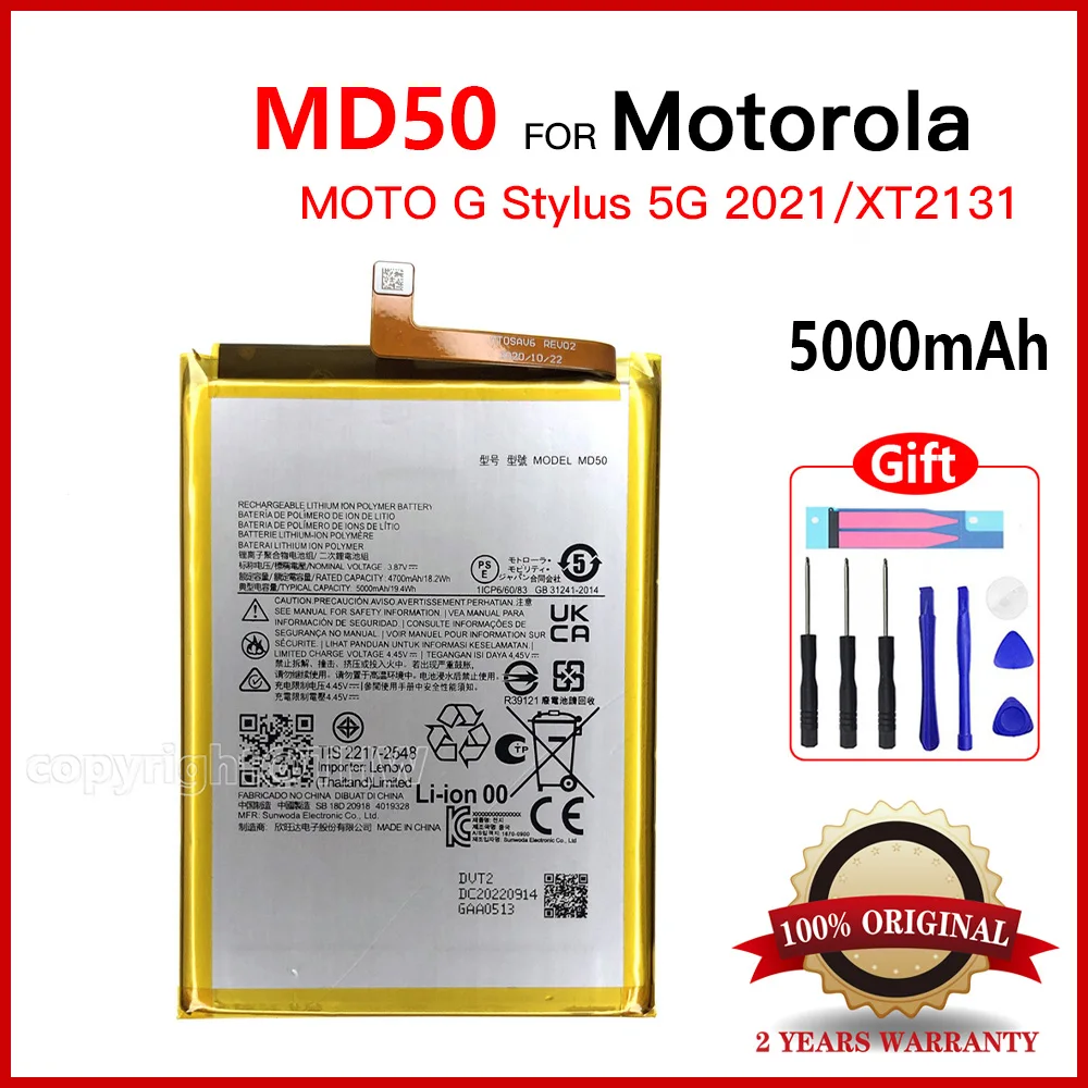 

Genuine Rechargeable Battery MD50 For Motorola Moto G Stylus 5G 2021/XT2131/G Stylus 2022 Phone Batteria With Free Tools