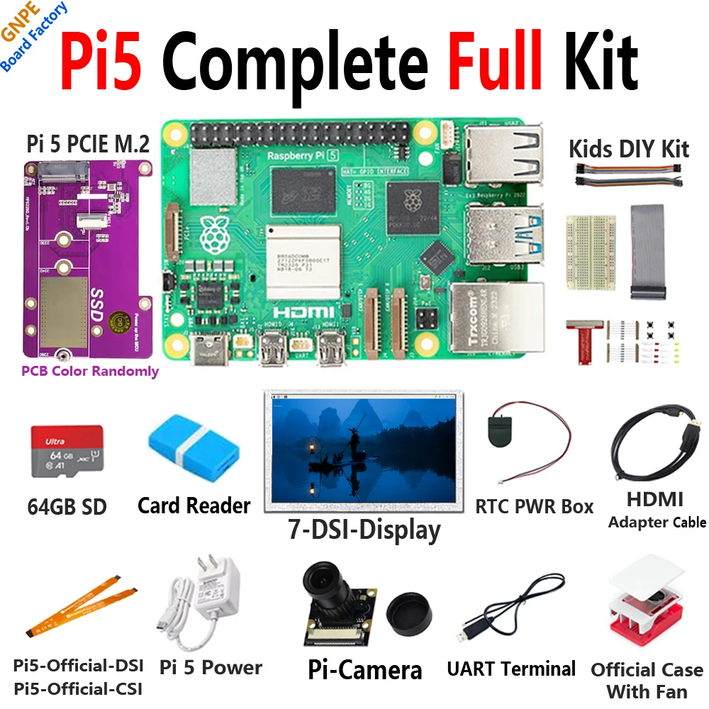 Raspberry Pi 5 Complete Full Kit PCIE-NVME-SSSD + LCD + CASE + Power + DIY + UART-Cable +RTC-BOX +SD Or Only PI5 4GB 8GB Board