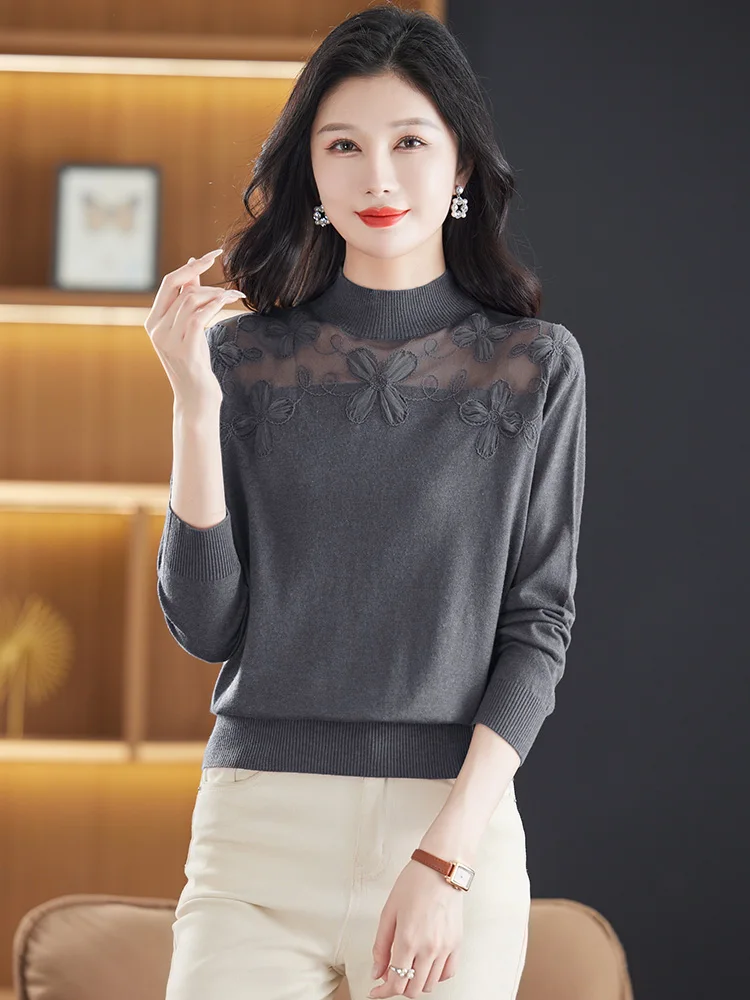 

Embroidery Sweater Woman Spring Fashion Pullover Femme Knitwears Women Clothing Mesh Long Sleeve Sweaters