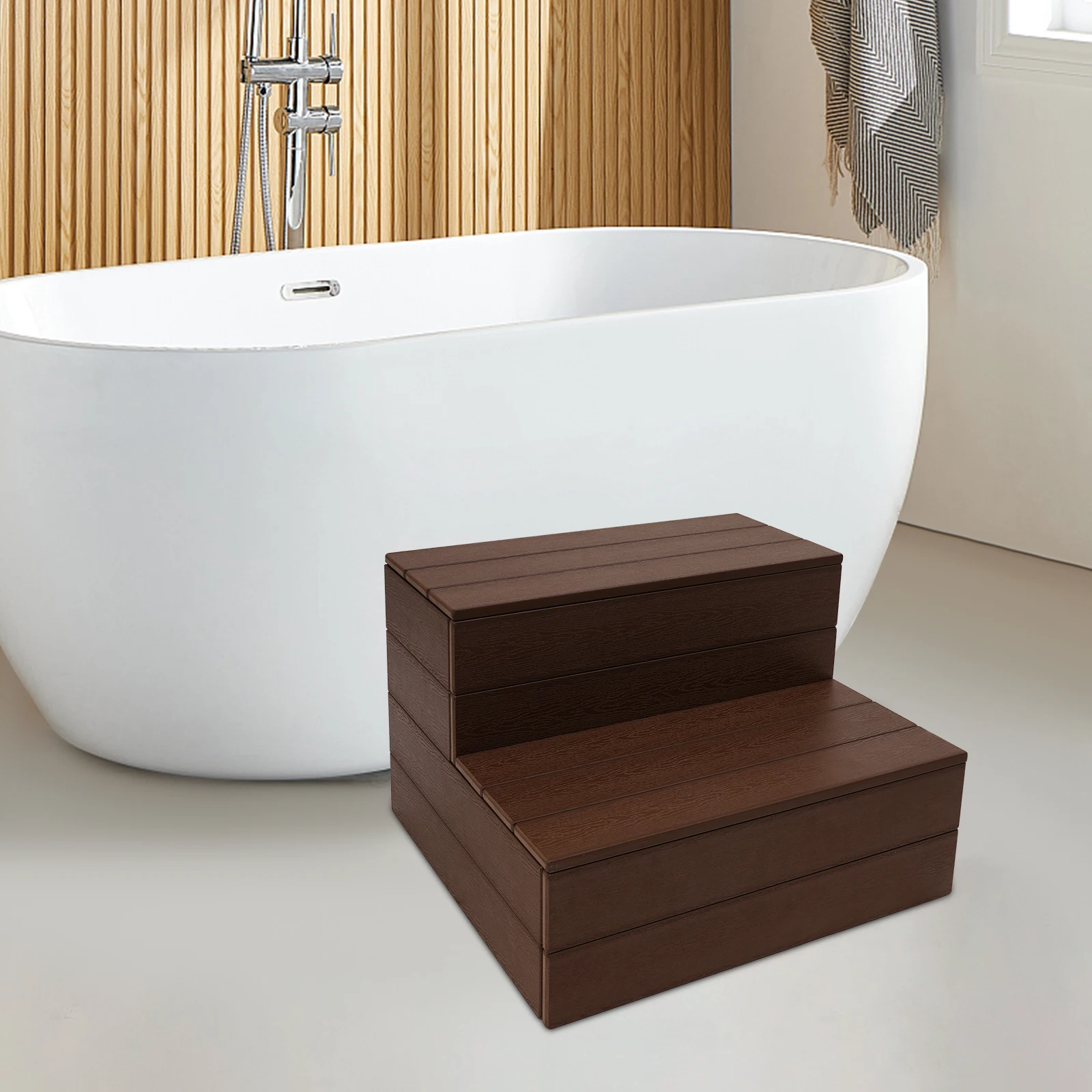 Bahan PS WPC Cokelat 63.5*55.88*38.1cm Tangga Bak Mandi Anti Selip dan Stabil serta Tangga Bak Mandi Bertingkat Dua