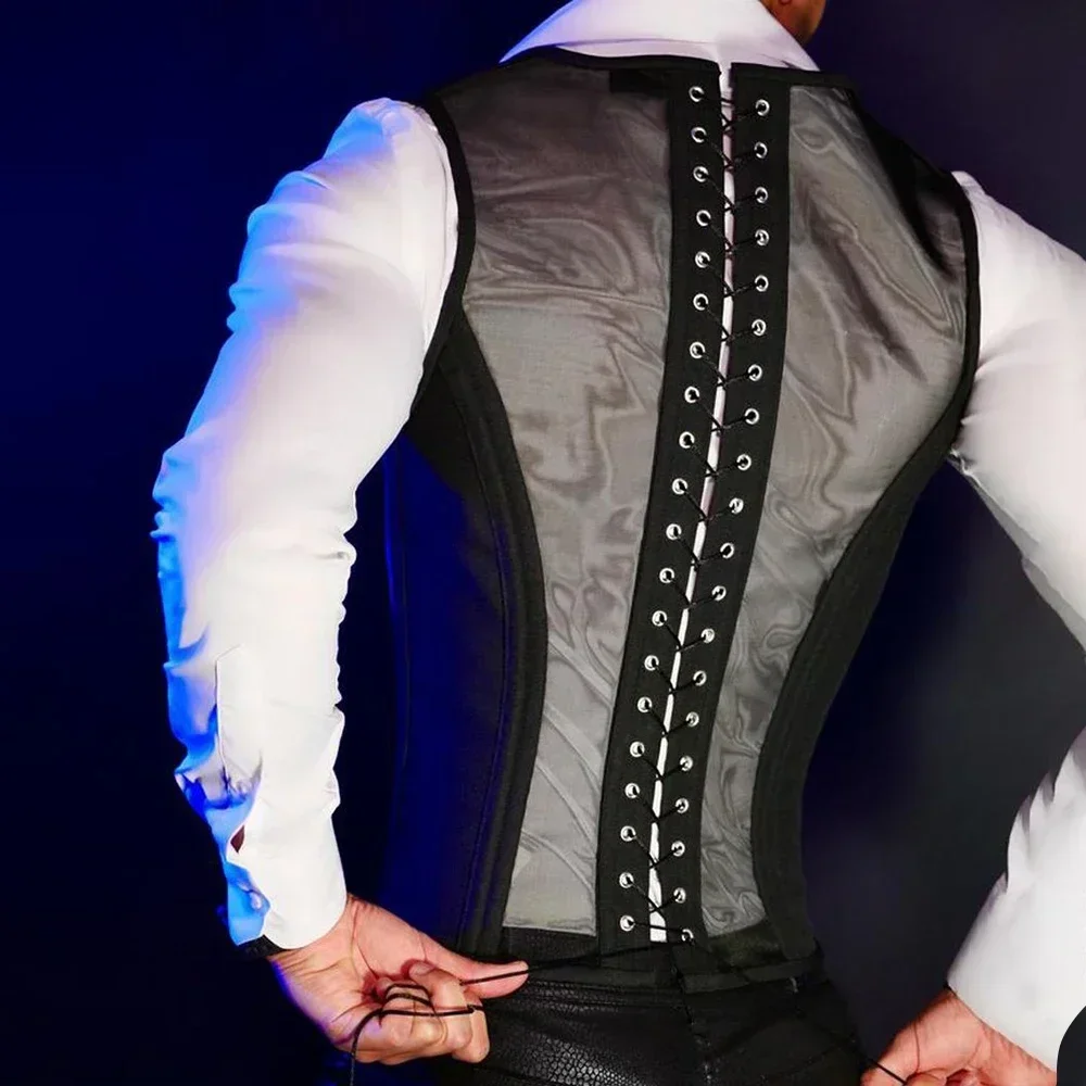 Men's Corset Vest Wasit Trainer Black Medieval Waistcoat Lace Up Bones Formal Tops Wedding Stage
