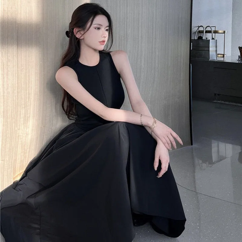 

Black Sleeveless Vest Dress Fairy Summer French Hepburn Style Simple Temperament High Sense Long Skirt