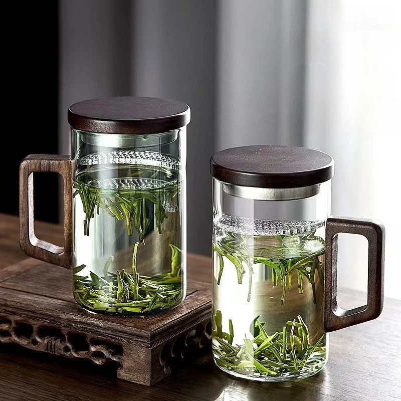450ml Walnut Wooden Handle Glass Cup with Tea Infuser Filter Flower Tea Water Separation Scented Mug Office Portable Drinkware
