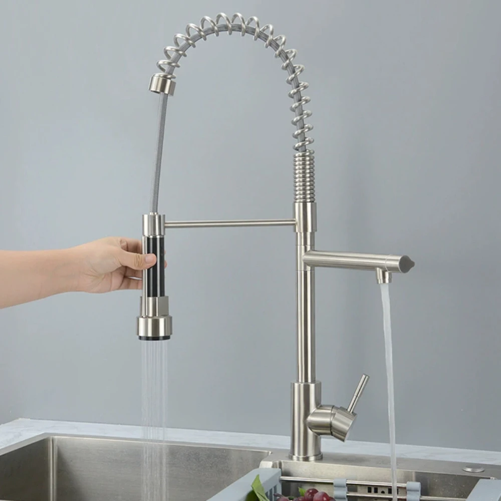 

Пружинный кухонный смеситель Корпус из нержавеющей стали 304 Две модели выхода воды, шланг выдвижной холод и горячий, вращение на 360 градусов вокруг веса 3 кг