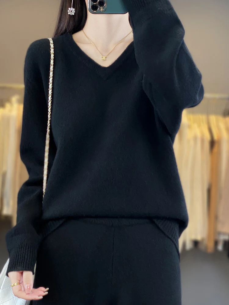 

Thick fishbone V-neck cashmere sweater wide-leg pants suit for autumn and winter women's loose mopping pants two-piece suit