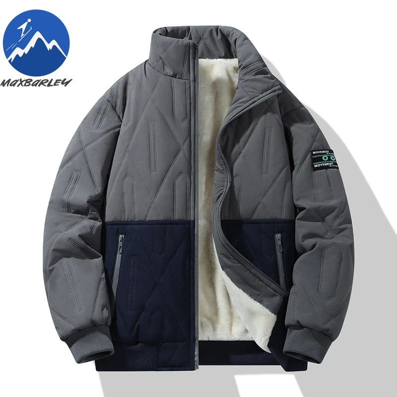 Maxbarley Winter Plush Padding Jacket Men Trendy Splicing Thick Thermal Padded Jacket Casual Outdoor Ski Windproof Fleece Parka