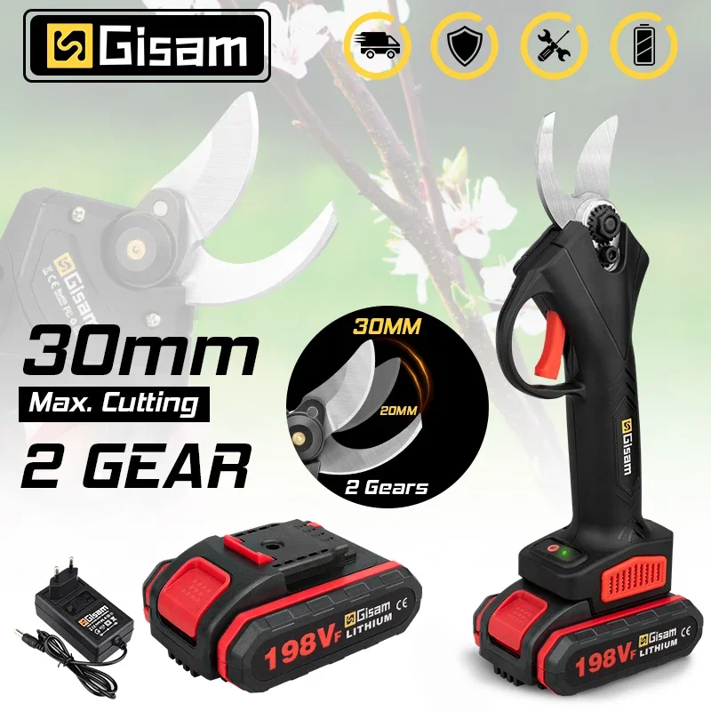 Gisam 30mm  Electric Pruning Shears 2 Gears Cordless Fruit Tree Bonsai Electric Scissors Orchard Shrub Branch Pruning Power Tool