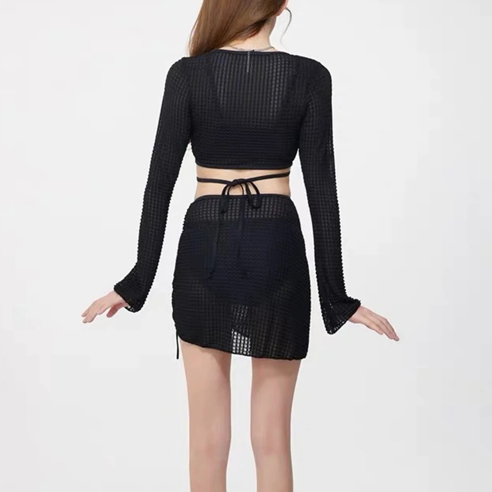 2025 مثير أربع قطع النساء ملابس السباحة مجموعة البكيني طويلة الأكمام التستر ملابس الصيف الصلبة مجموعة البكيني البرازيلي بحر