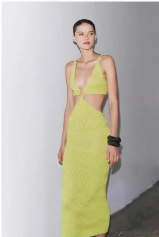 

YY26220 ZA25 summer new women's V-neck hollow metal ring decoration suspender simple knitted long skirt dress 2756013