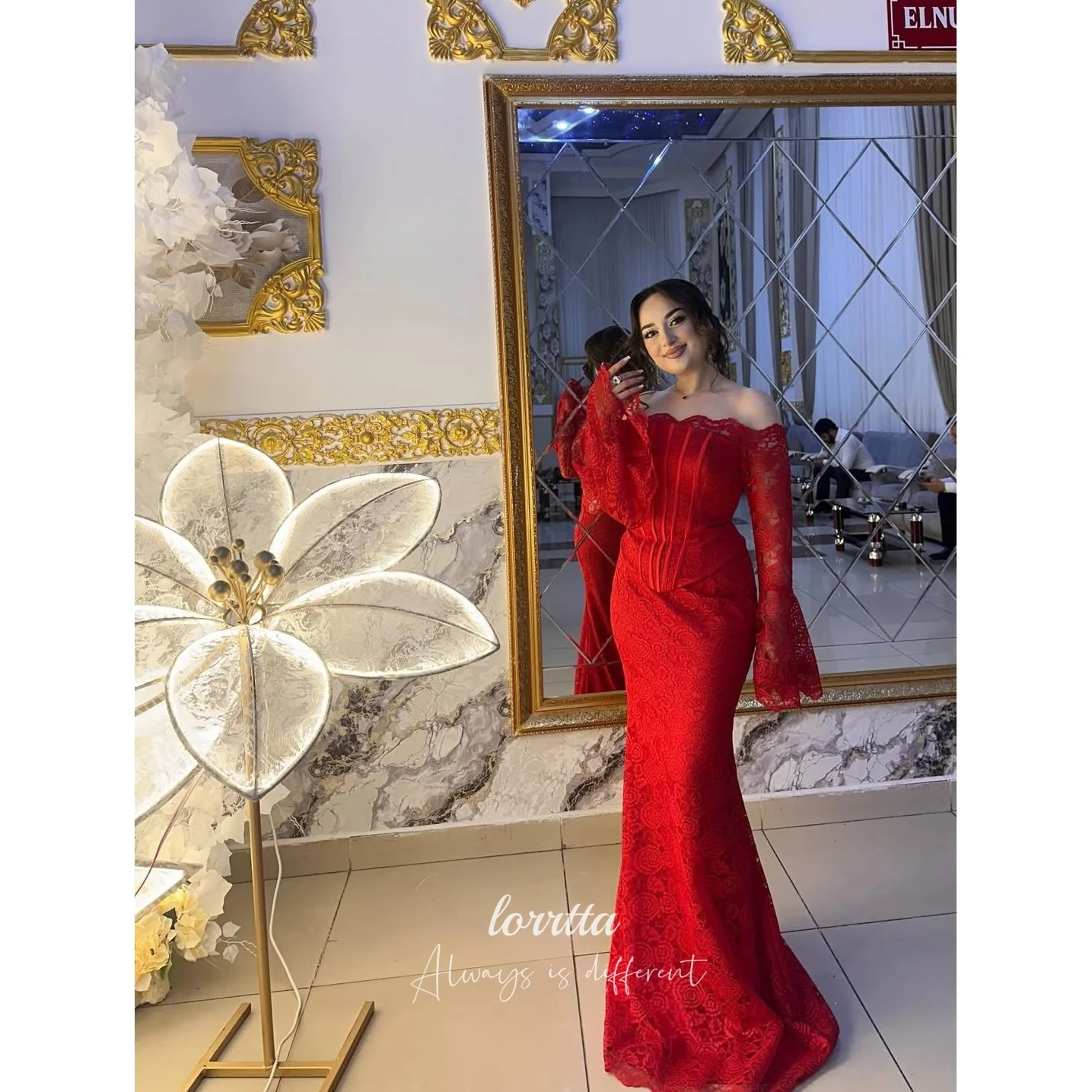 

Lorrtta Lace Off The Shoulder Red Mermaid Evening Dress 2026 Prom Dress Formal Evening Robes de Soirée Women Elegant Banquet