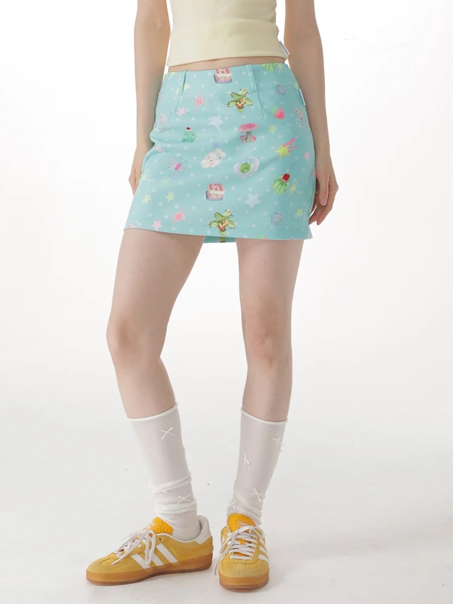 ZiziFei Summer Fairy Tale Forest Printed High Waist Slimming Blue Green Wrap Half-length Short Skirt Women's A-line Skirt