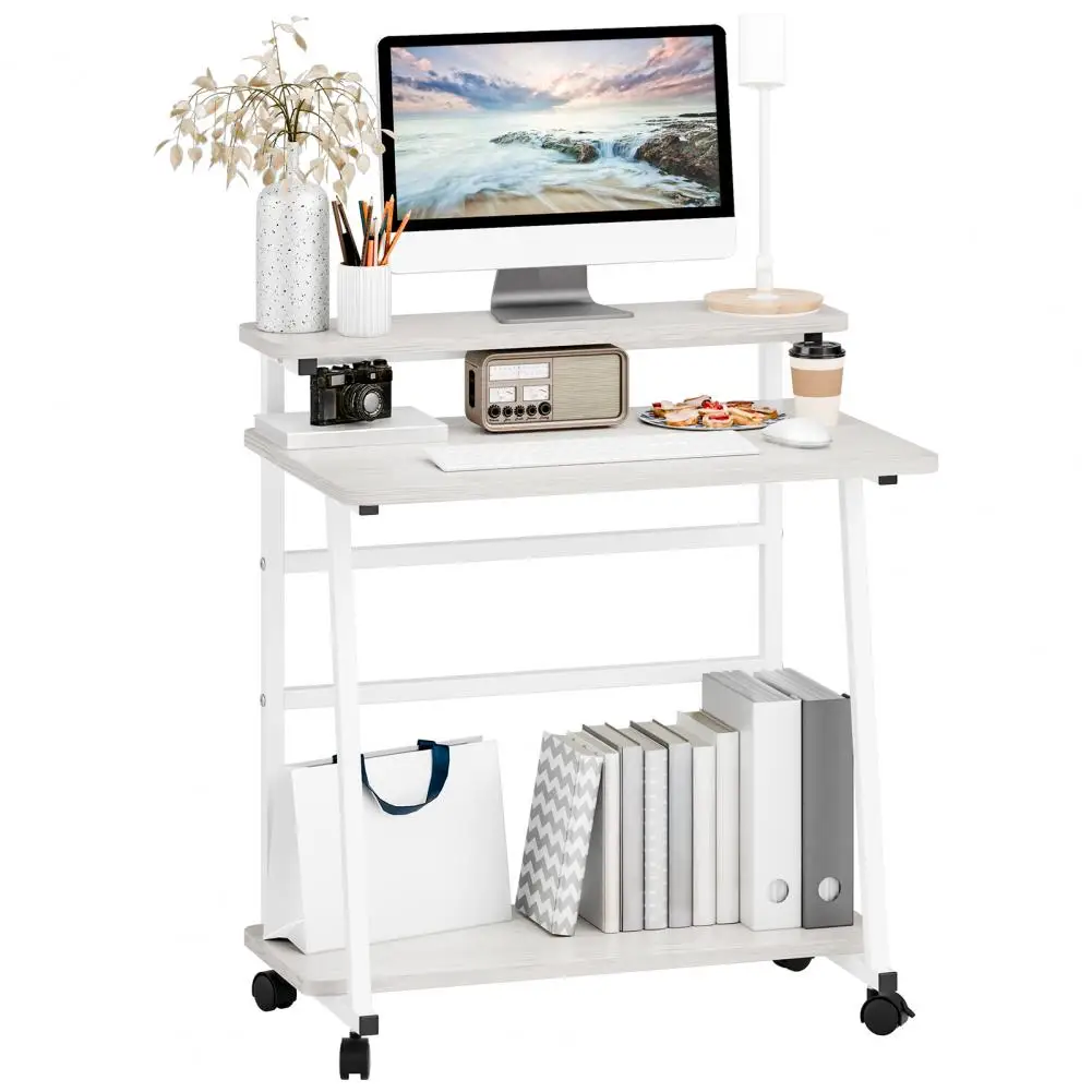80x50cm Small Rolling Computer Desk, Computer Desk for Small Space, 3-Tiers Work Office Desk with Monitor Stand, Small Student W