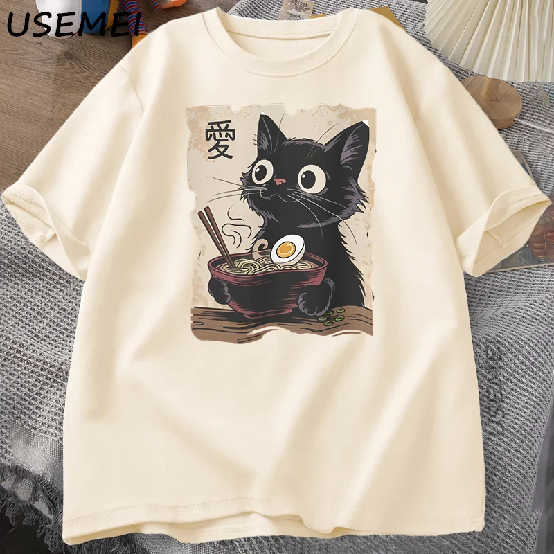 Funny Cat Ramen Graphic Tee Japanese Kawaii Anime Cat T-Shirt Cotton Short Sleeve Oversized Loose Short Sleeve Tee Streetwear