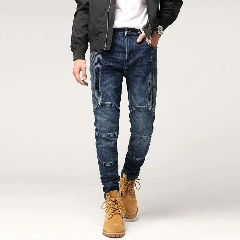 HombreFashion Men Jeans Retro Blue Stretch Slim Fit Spliced Designer Biker Jeans Homme Hip Hop Pants Men Wrinkled Trousers