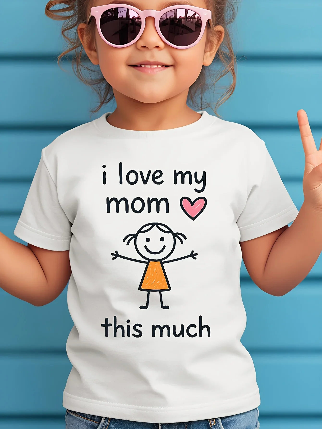 I Love My Mom Stick Figure Heart  T Shirt Boys Girls Family Match Cotton Short Sleeve Summer Children Daily Casual Basic Wear