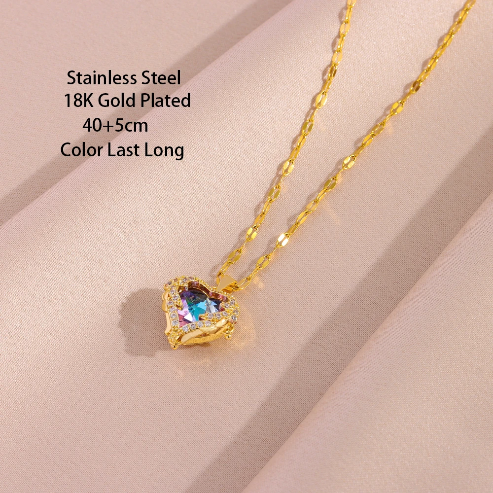 New Colorful Zircon Crystal Ocean Heart Pendant Necklaces Earrings Rings For Women Fashion Luxury Female Jewelry Set Wholesale