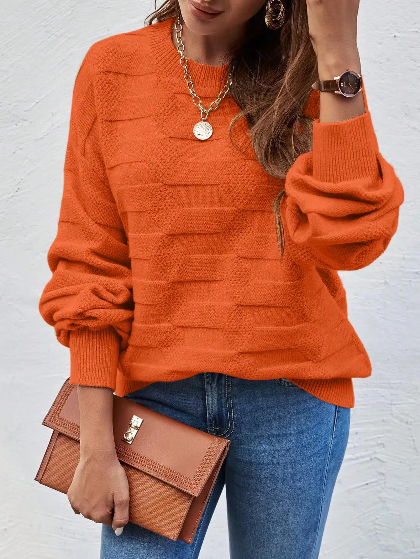 

Women's Orange Textured Knit Drop Shoulder Sweater, Loose Fit Long Sleeve Pullover