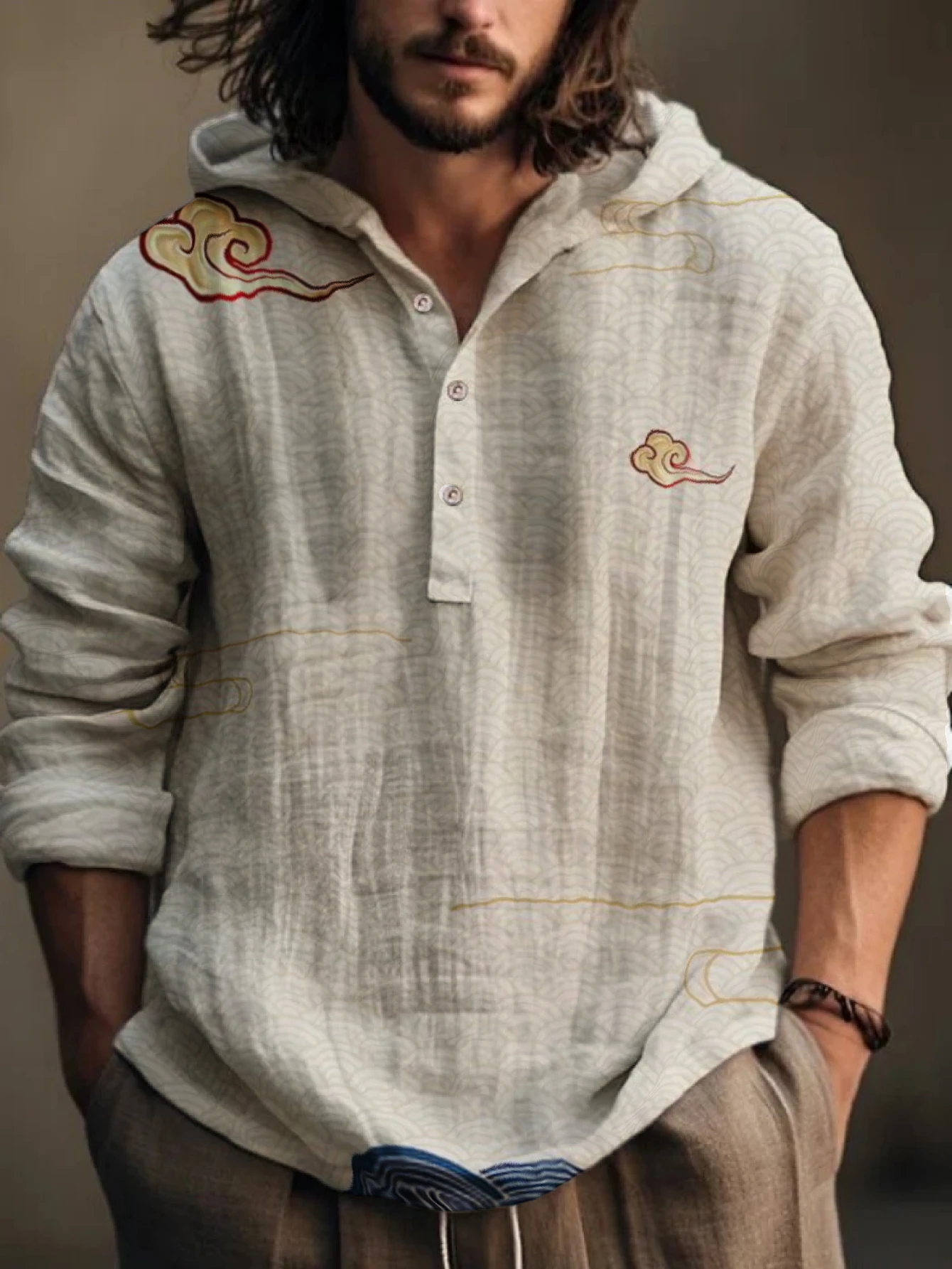 Men Traditional Chinese Auspicious Cloud Wave Print Hooded Henley Shirt Long Sleeve Half Button Casual Loose Tops