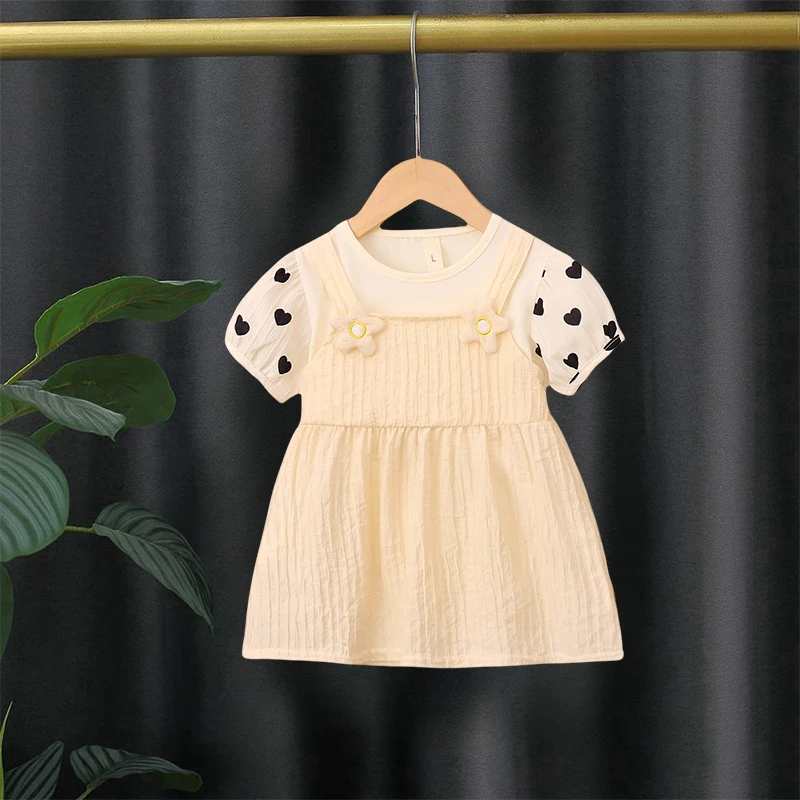 

Summer New Small Love Pattern Dress For 0-2 Year Old Baby Girl Sweet Princess Style Two Small Flowers Short Sleeve Dress