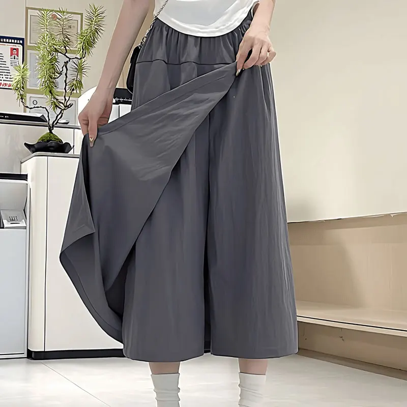 

Split Culottes A-Line Cropped Pants Summer Commute Wide Leg Female Clothing Basic High Waist Elastic Solid Color Casual Pants