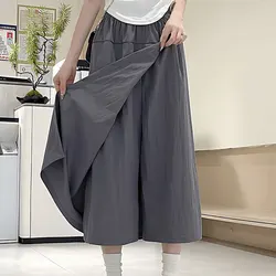 Split Culottes A-Line Cropped Pants Summer Commute Wide Leg Female Clothing Basic High Waist Elastic Solid Color Casual Pants