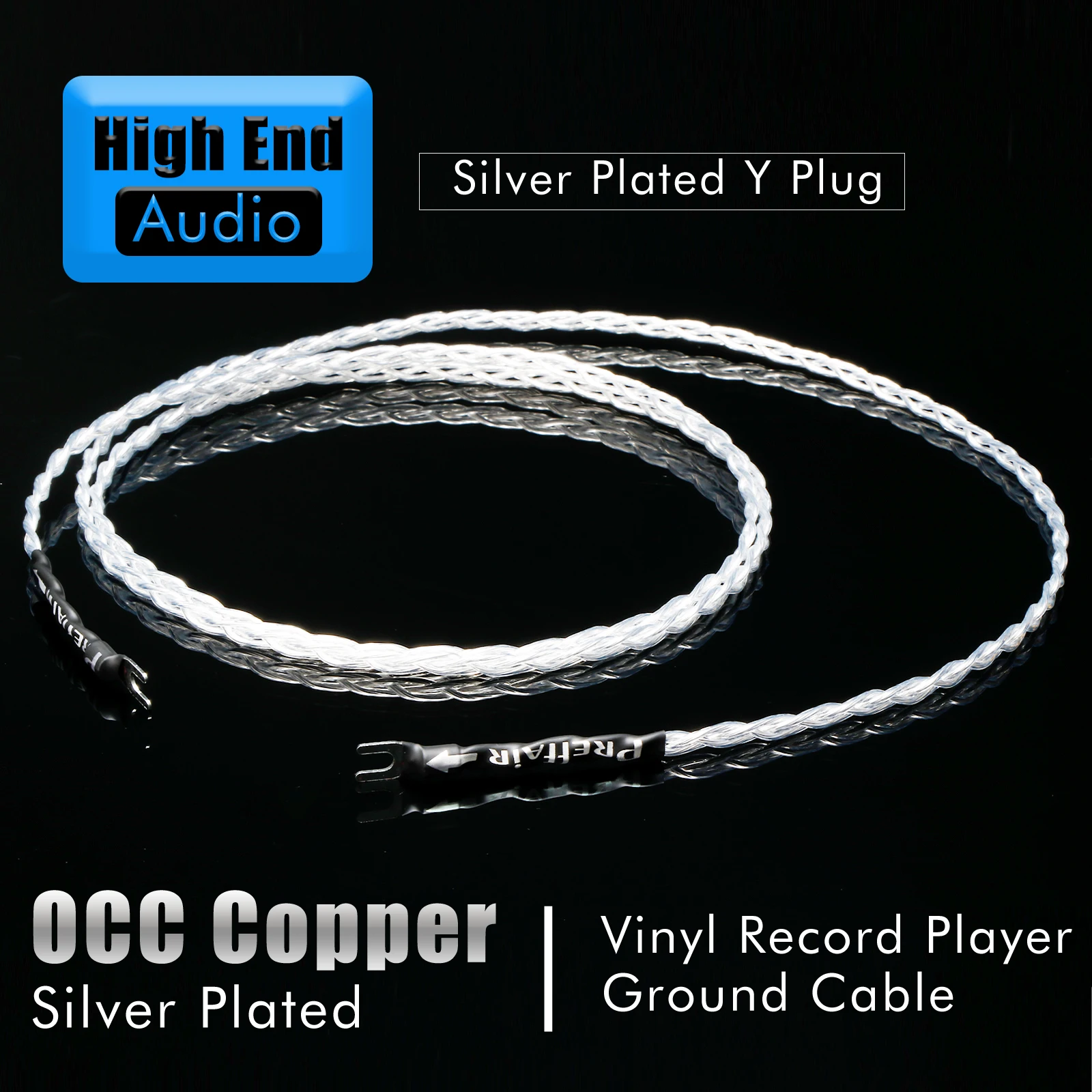 Preffair Silver Plated OCC 3 strand twisted Black wire mesh cover Ground Wire with Rhodium Plated Banana/Y Shape to Y Shape Plug