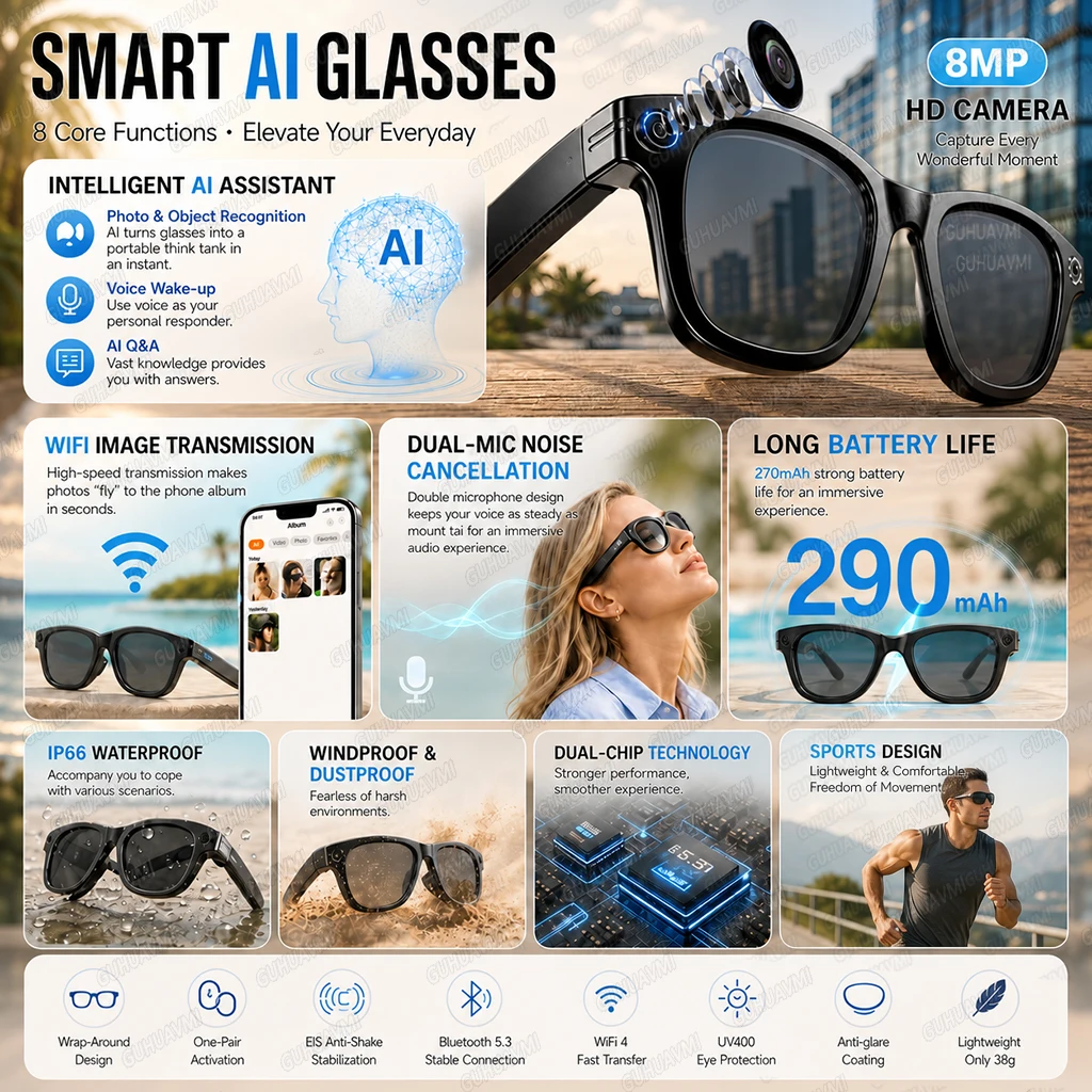 AI Smart Glasses 800MP Camera Video Recording AI Photo Recognition Answer Sunglasses WIFI Transmission Waterproof Smart Glasses