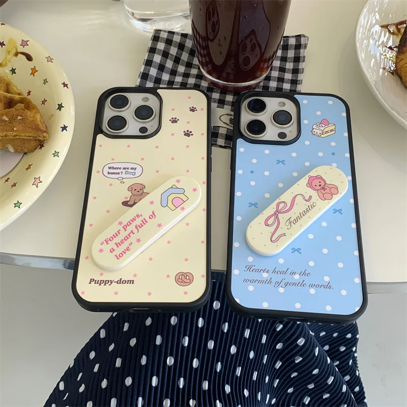 Корейский чехол для телефона с милым щенком и звездой в горошек для iPhone 16 Pro 15 14 13 Pro Max, чехол с подставкой, мультяшные жесткие чехлы Funda