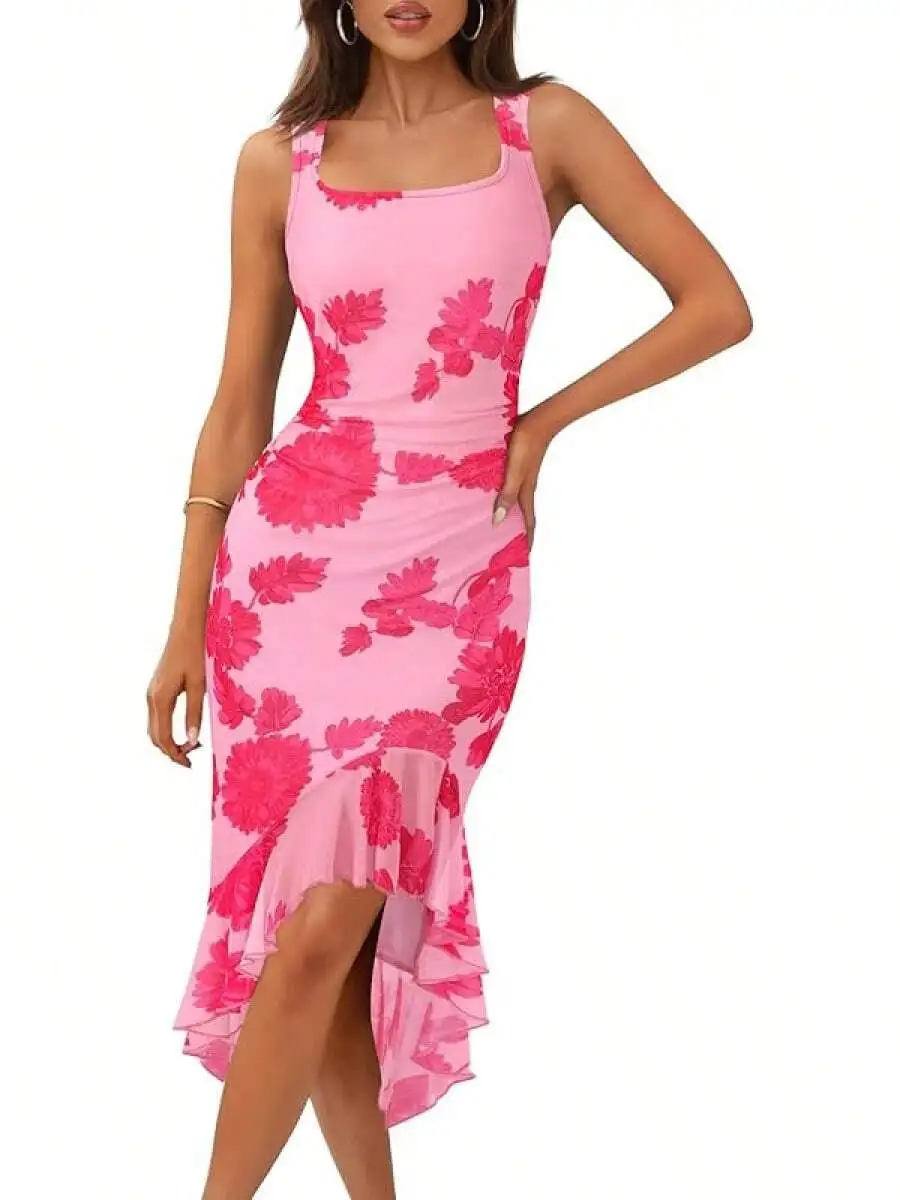 

Womens Floral Bodycon Square Neck Sleeveless Ruffle Hem Mesh Midi Dress