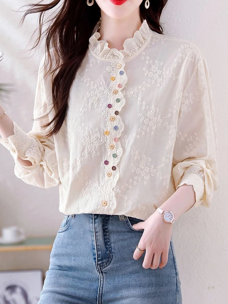 

Spring Autumn New Embroidery Blouse Soft Fabric Colorful Button Design Shirt Trendy Layering Top