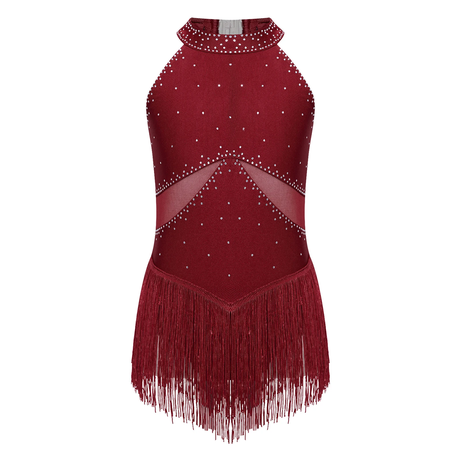 Kids Girl Latin Jazz Dance Figure Skating Leotard Dress Sleeveless Tassel Rhinestone Mesh Bodysuit for Cha-Cha Samba Rumba Tango