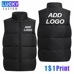 Men's Zipper Warm Vest With Custom Printed Company Logo, Casual Sports Stand Collar Sleeveless Jacket, Winter Down Vest 4xl