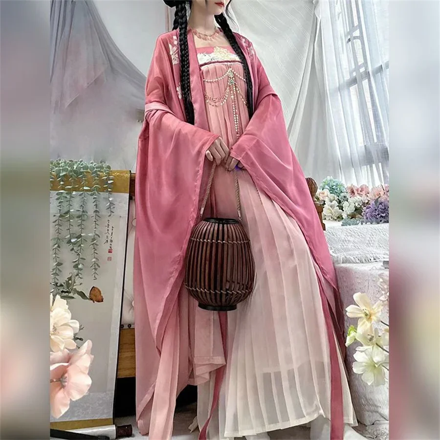 古代の伝統的な中国の女性の漢服ドレス妖精刺繍ステージフォークダンス衣装レトロ伝統的な宋王朝ピンクカラー