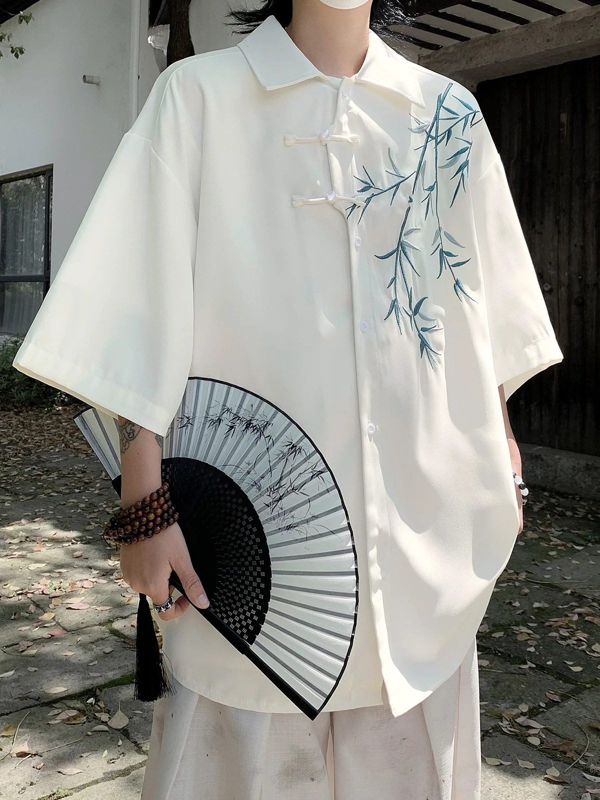 

Summer Men's ort Sve irt Five-Quarter Length Casual Ethnic Sle Embroidered Ice Silk Loose Fit Youthful Trend Tourist...