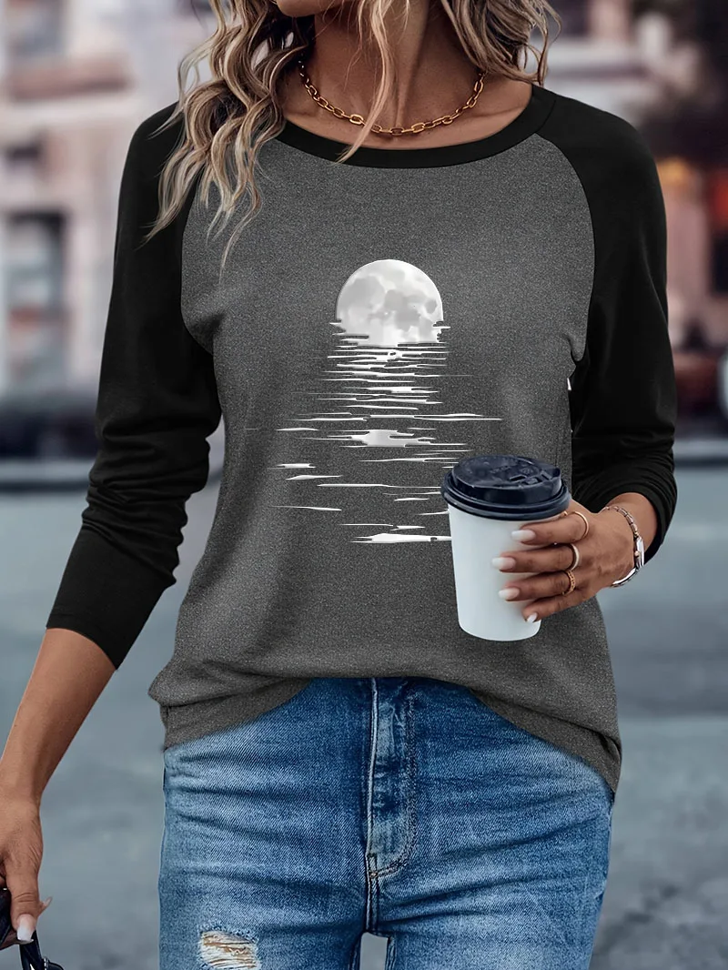 Gothic Casual Langarm-T-Shirt Retro Vintage Mond-Print Grafik O-Ausschnitt Loses T-Shirt Damen Winter Herbst Kleidung – Detail 3