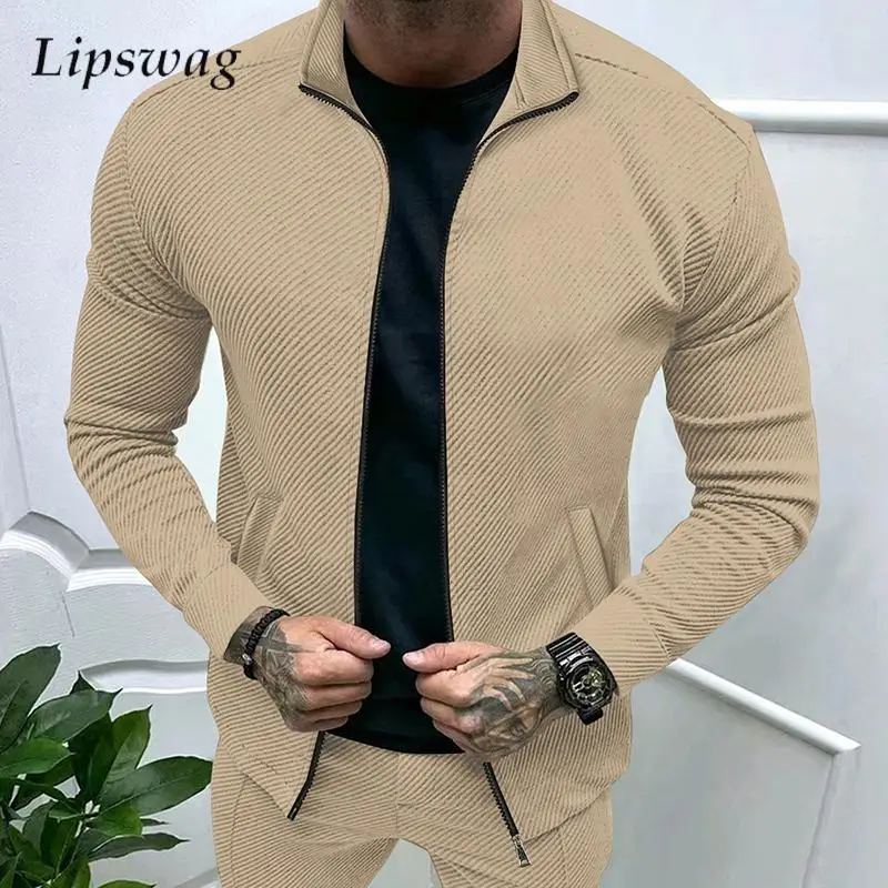 Streetwear Mens Jacket Coats Fashion Solid Color Slim Long Sleeve Textured Coat For Men Vintage Turn-down Collar Zipper Jackets