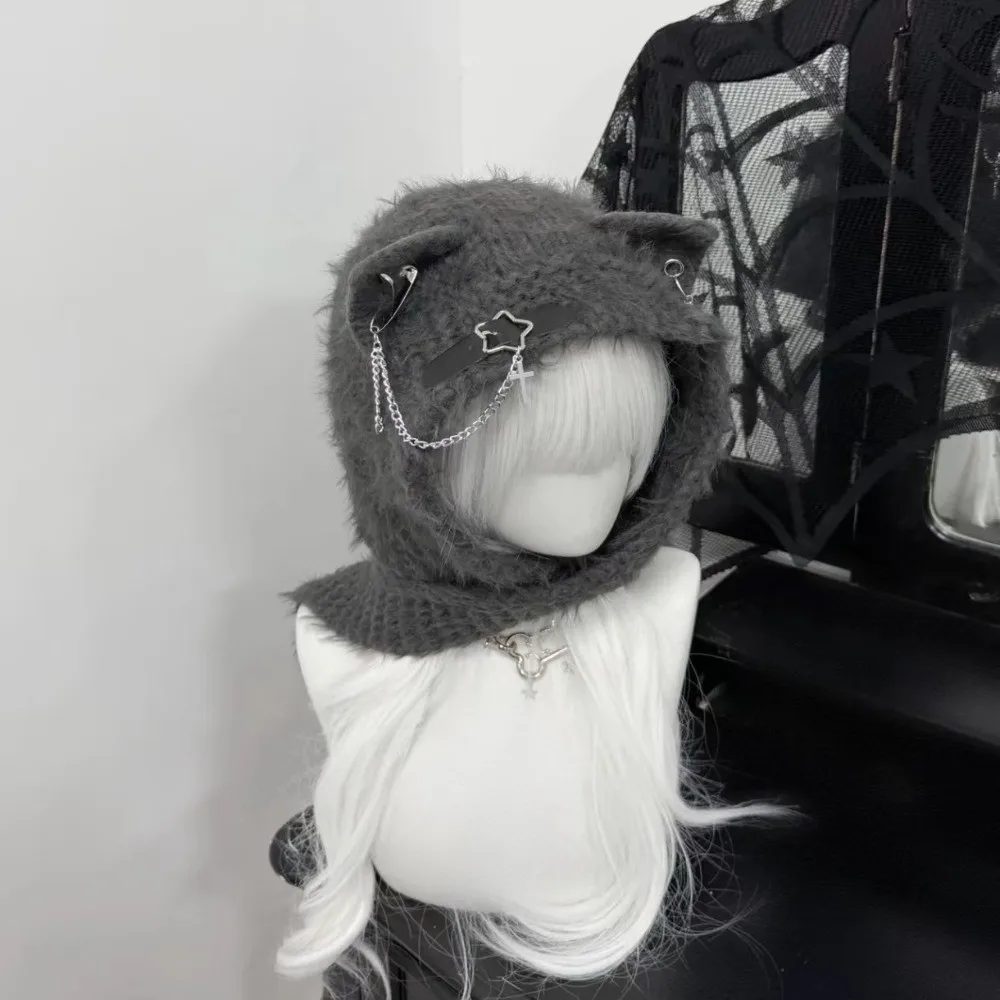 

Harajuku японская шапка с кошачьими ушками, кожаная пряжка с перекрестной цепочкой, женские вязаные шапки в стиле панк Y2K с шарфом, шерстяные шапки с пятиконечной звездой