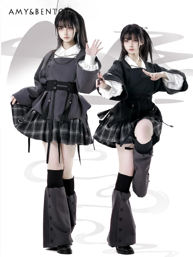 

Готический панк-стиль, цвет сращивания, нерегулярный костюм, новый китайский милый крутой костюм для девочек, свободное повседневное пальто, клетчатая юбка, наряды для женщин