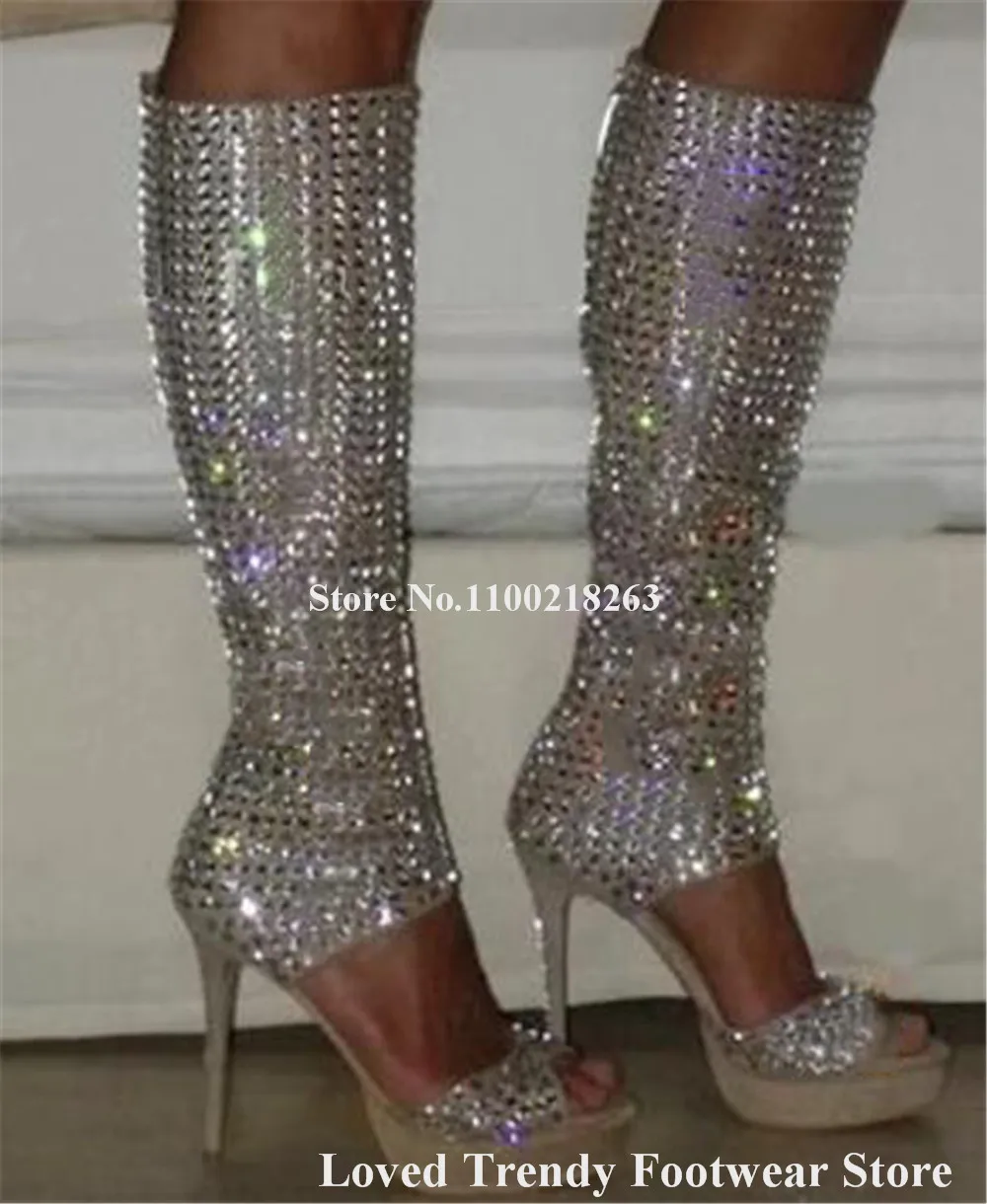 Bling Bling Silver Rhinestones Stiletto Heel Knee High Gladiator Boots Peep Toe Crystals High Platform Thin Heel Long Boots