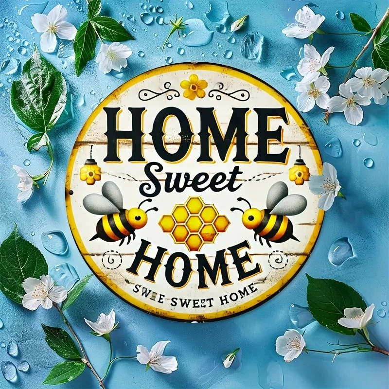 2D Flat Retro Round Metal Sign Home Sweet Home Cute Bee & Honeycomb Print Country Style Porch Outdoor Decorative Wall Plaque