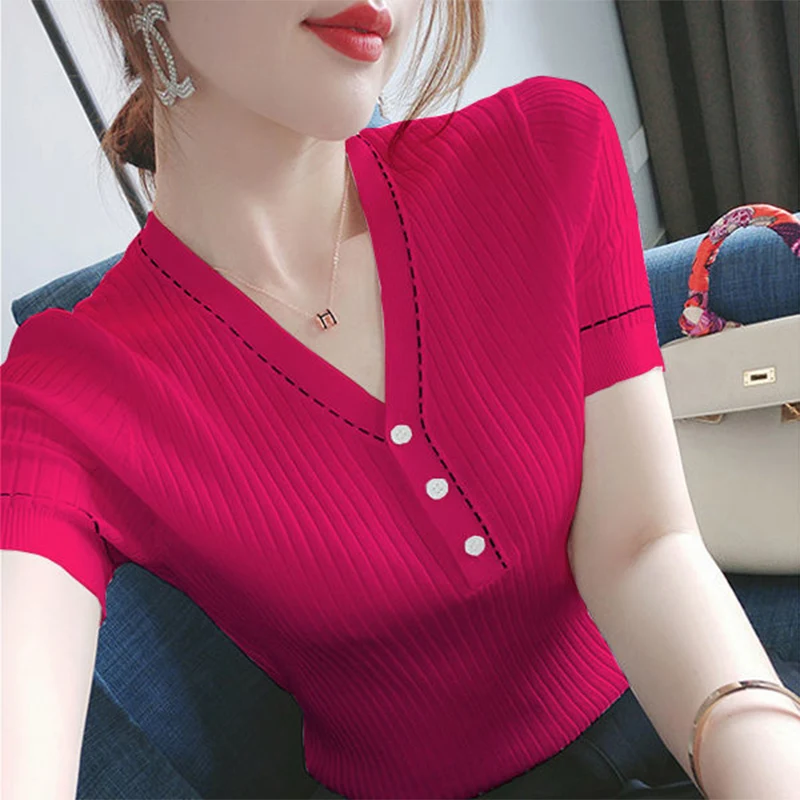 Summer New Casual Fashion V-neck Solid Simple Knitting T-shirt Lady Short Sleeve Slim All-match Pullover Top Women Patchwork Tee