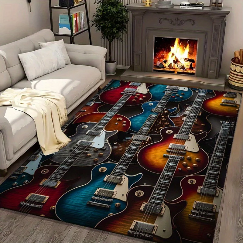 

Electric Guitars Rug for Music Lover's Room | Rock Band Area Rugs with Classic Guitar Designs | Musical Instrument Decor
