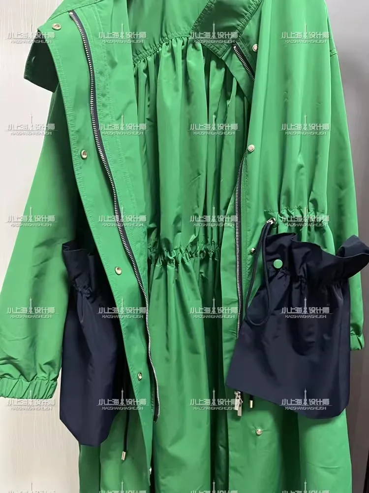 Mauroicardi Spring Waterproof Flowy Thin Extra Long Oversized Green and Blue Color Block Trench Coat for Women Luxury Clothes