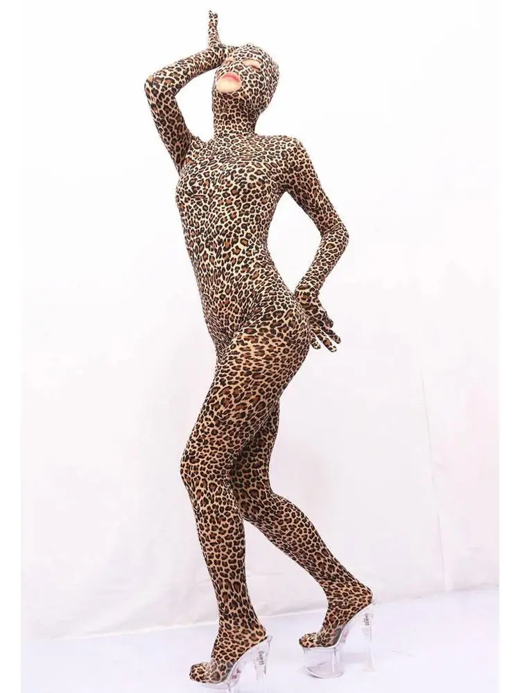Unisex Hooded Zentai Leopard Catsuit Fingers Bodystocking Zipper Open Crotch Bodysuit Tights Leotard Conjoined Cosplay Jumpsuit