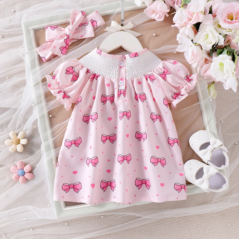 Tregren Valentine's Day Infant Baby Girl Summer Dress Cute Puff Sleeve Round Neck Bow Print Smocked A-Line Dress with Headband