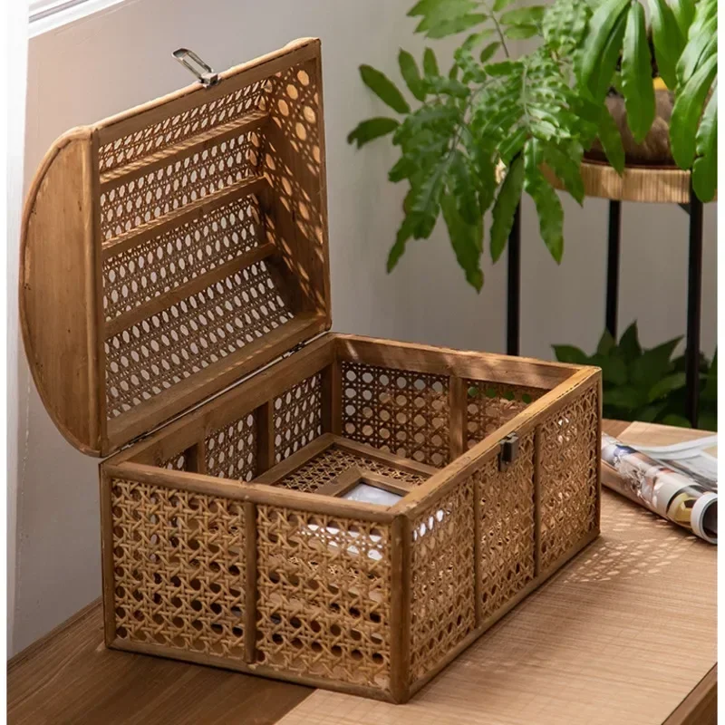 

Chinese Style Storage Basket Rattan Hollow Out Makeup Organizer Desktop With Cover Storage Case Snacks Clutter Organizer Basket