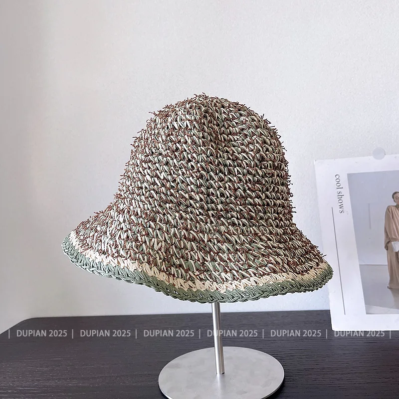 Japanese Dopamine Mixed Color Handwoven Straw Hat for Women, Summer Wide Brim Sun Protection Beach Fisherman Knit Cap