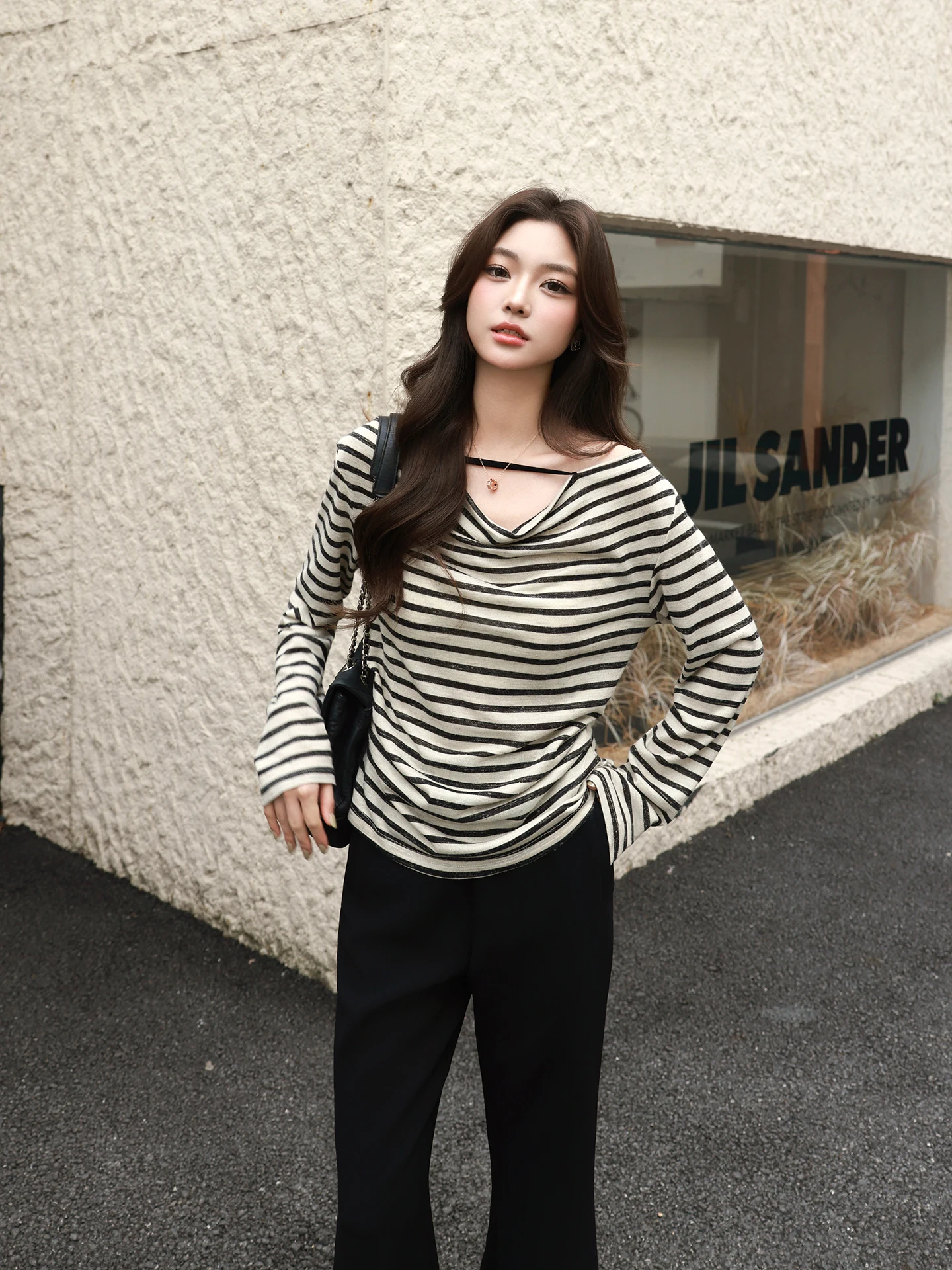 

Женская льняная футболка Me Deep Sea Swing Collar в полоску, повседневная, весна 2026, новый стиль, дышащая, с длинным рукавом, свободного кроя