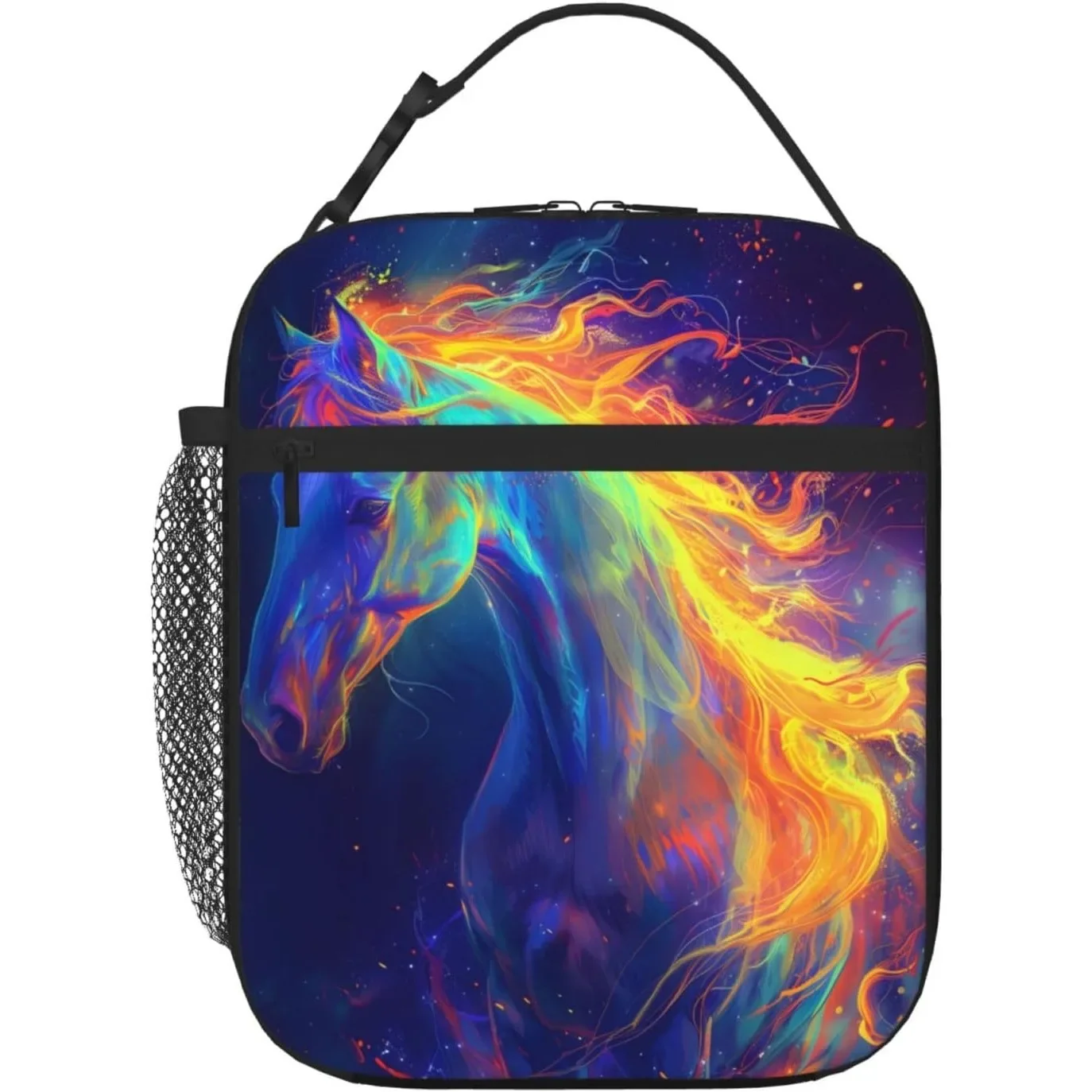 Colorful Horse Insulated Lunch Box For  Adults,Polyester Reusable Cooler Lunchbox Gifts,Dreamy Rainbow Fire