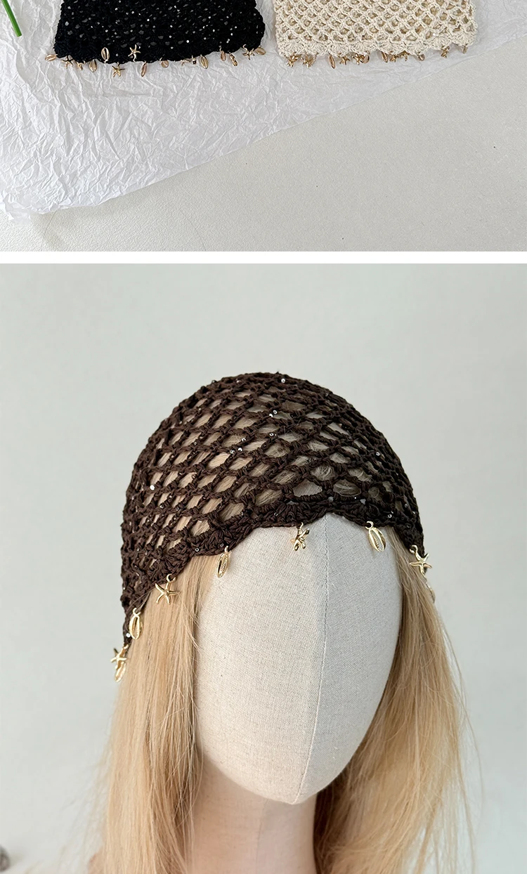 Modische, ausgehöhlte, gewebte Pullover-Mützen, gehäkelte, atmungsaktive Baskenmütze, Pentagramm-Fransen-Retro-Beanie-Mütze, Damen-Sommermütze, vielseitig einsetzbar – Detail 2